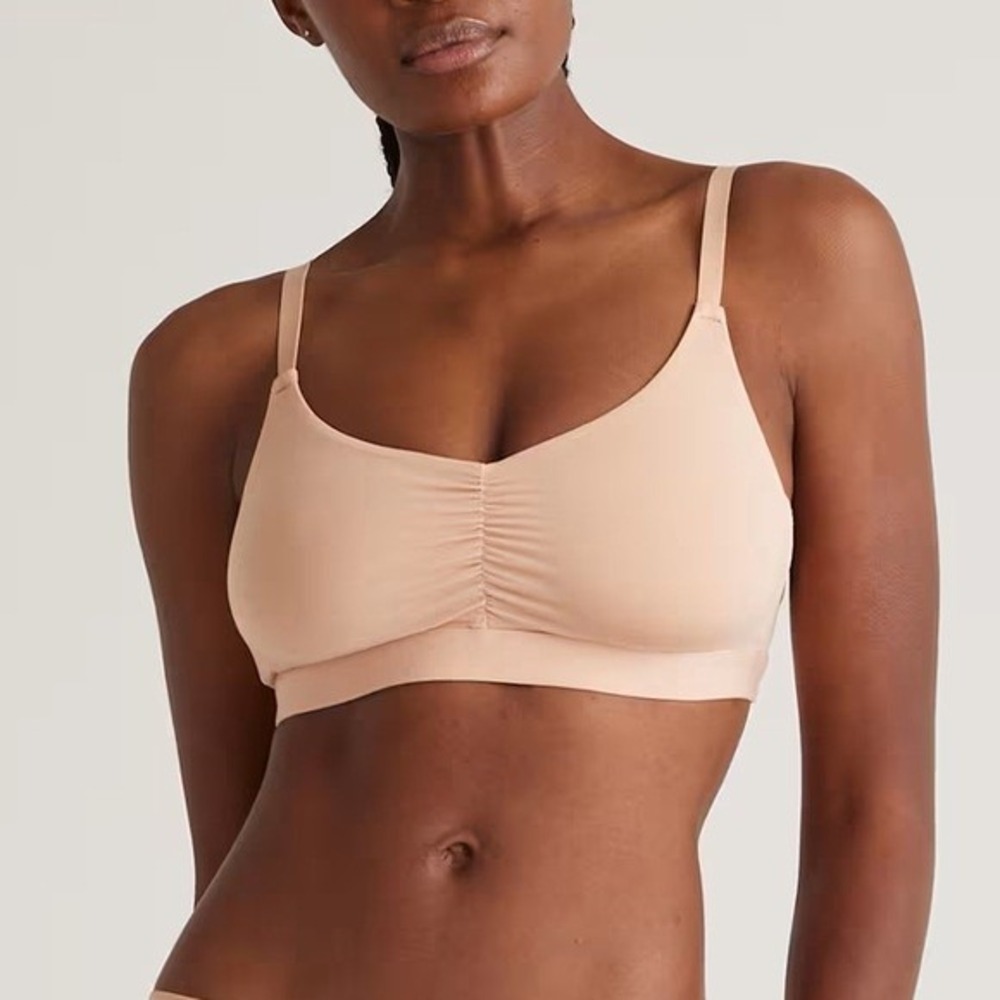 Quince NEW (2-Pack) Tan Micromodal Ruched Bralettes Wireless Seamless Medium